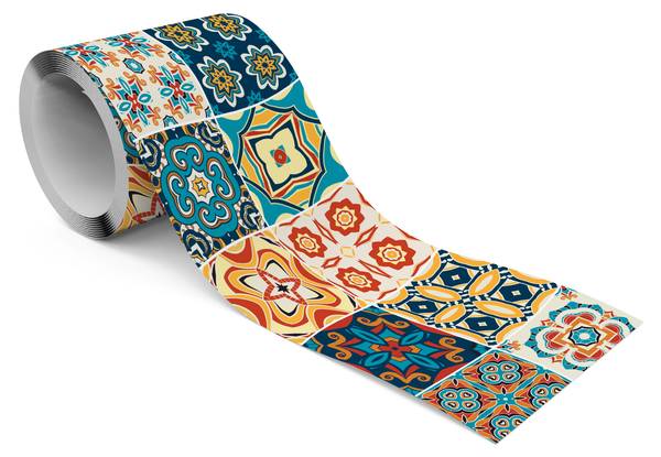 Behangrand Kleurrijke MOZAÏEK Ornamenten beige - zwart - blauw - rood - vlies - 10 x 300 x 300 cm