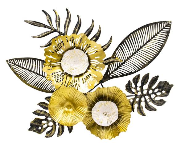 Wandrelief Blumen Schwarz - Gold - Weiß - Metall - 61 x 58 x 7 cm