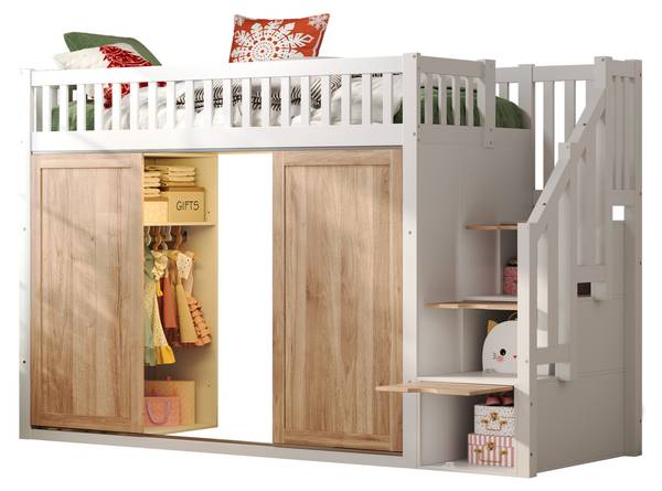 Hochbett  WoodySHEF Ⅰ Weiß - Holzwerkstoff - Massivholz - 95 x 162 x 252 cm
