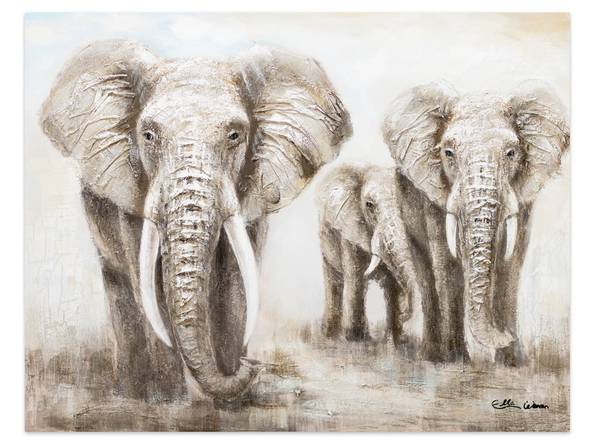 Acrylbild Handgemalt Elefant Zam Grau - Baumwollstoff - 100 x 75 x 4 cm