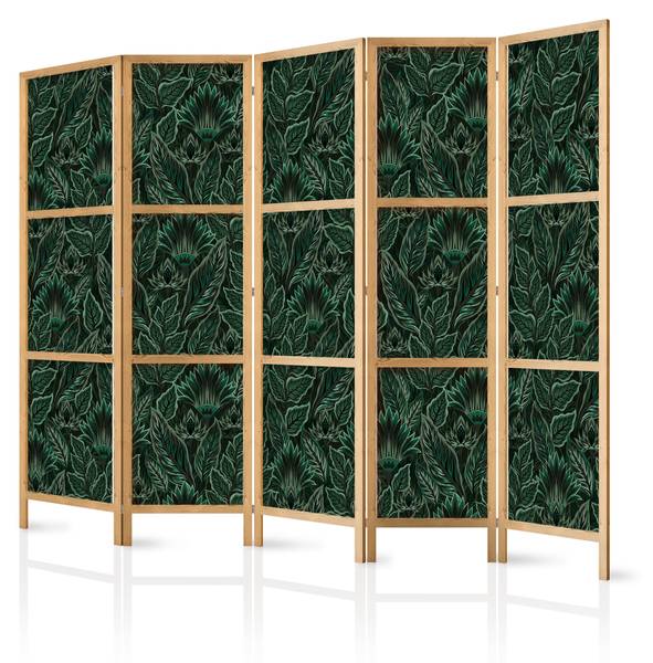 Paravent Blätter Botanik 5-tlg Schwarz - Grün - Holzwerkstoff - Textil - 225 x 172 x 3 cm