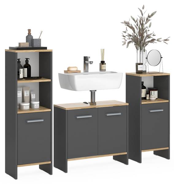 Badkamermeubelset Karli 55499 set van 3 antracietkleurig - eikenhouten look