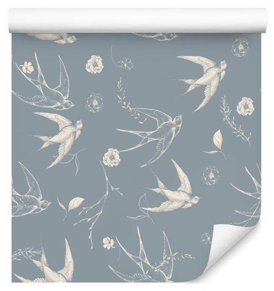 Tapete VÖGEL Schwalben Blumen Blätter Beige - Blau - Grau - Fleece - 53 x 1000 x 1000 cm