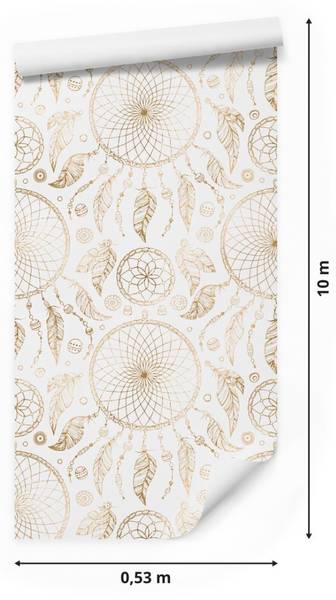 Papier Peint ATTRAPE-RÊVES Plumes Boho Beige - Blanc - Polaire - 53 x 1000 x 1000 cm