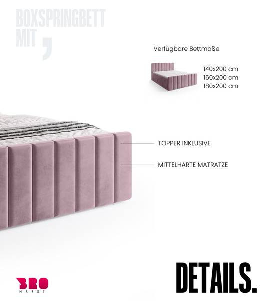 Boxspringbett DENVER DUO Rosé - Liegefläche Breite: 140 cm