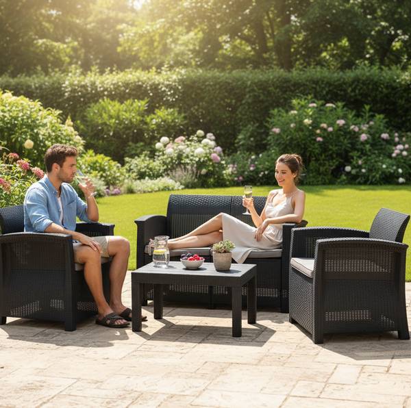 Ensemble de jardin 4 pièces en polyrotin Noir - Gris - Polyester - 122 x 75 x 60 cm