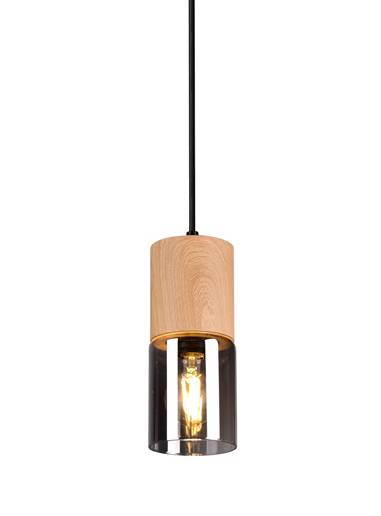 Holz Pendelleuchte 1 flammig Rauchglas Schwarz - Grau - Rauchglas - 10 x 150 x 10 cm