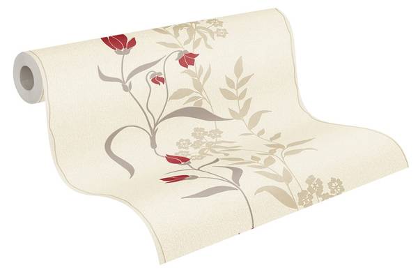 Vliestapete 675 modern Blumen Küche Beige - Rot - Weiß - Fleece - 53 x 1005 x 1 cm