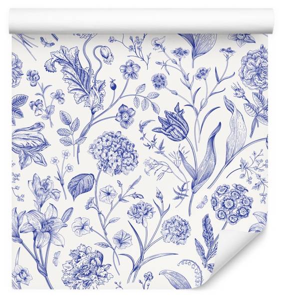 Papier Peint FLEURS Feuilles Plantes Beige - Bleu - Polaire - 53 x 1000 x 1000 cm