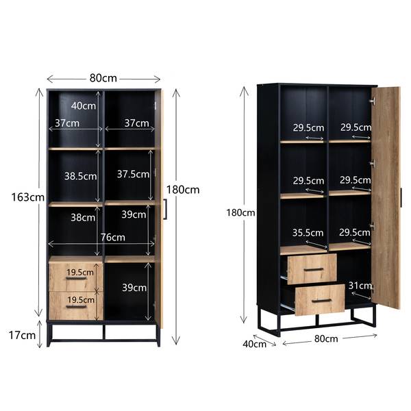 Hochschrank mit 2 Schubladen Coeus Ⅱ Schwarz - Braun - Eisen - 80 x 180 x 40 cm