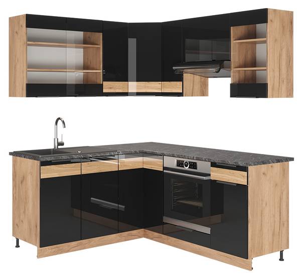 Eckküche Fame-Line 42796 Schwarz - Braun - Holzwerkstoff - 190 x 82 x 60 cm