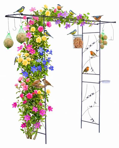 Rozenboog met vogelbad & voerplek zwart - staal - 210 x 208 x 50 cm