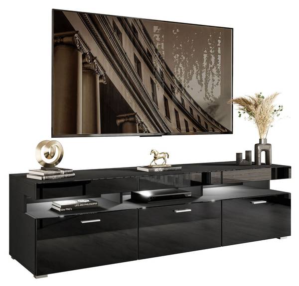 TV-lowboard Vancouver W9.314 zwart - hoogglans zwart - zilver