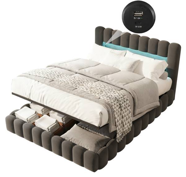 Bettgestell mit Stauraum LKMP01 Grau - Metall - Massivholz - 173 x 96 x 220 cm