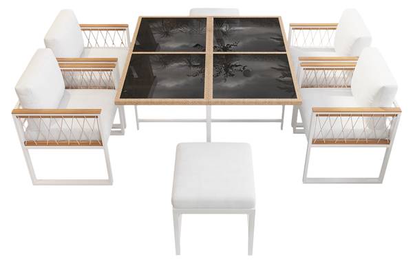 Garten-Essgruppe Anemoi 7-tlg Schwarz - Weiß - Polyester - Webstoff - Akazie - Eisen - 158 x 74 x 230 cm