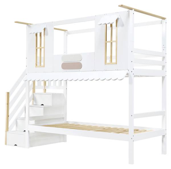 Lit superposé maison Uranus Ⅰ Marron - Blanc - Bois manufacturé - Bois massif - 97 x 202 x 253 cm