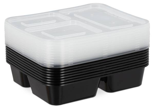 Meal Prep Boxen 3 Fächer 24er Set Schwarz - PVC - 22 x 5 x 19 cm