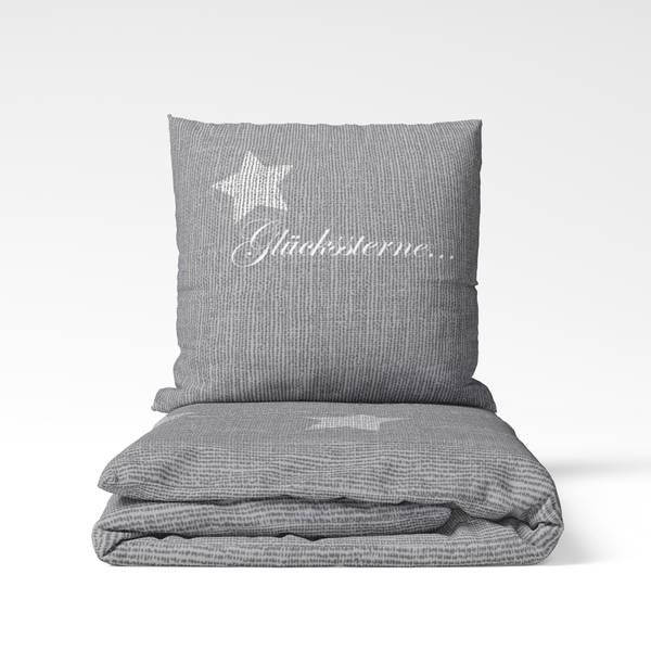 Biber Bettwäsche Sterne - Glück Grau - Baumwollstoff - 135 x 200 x 1 cm