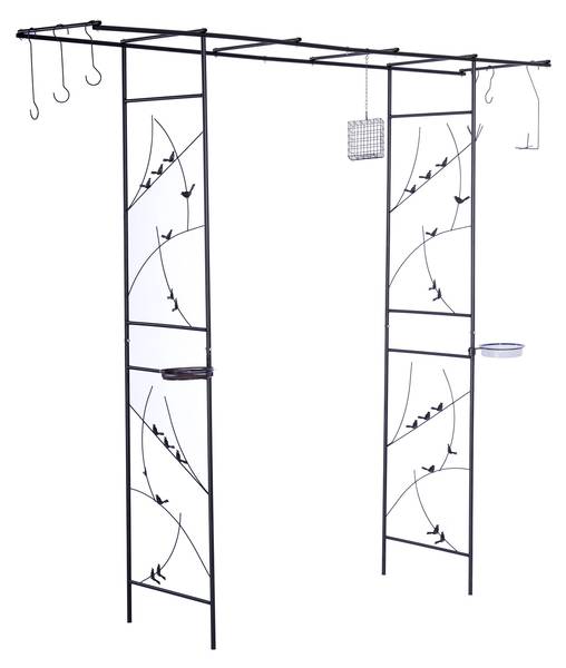 Rozenboog met vogelbad & voerplek zwart - staal - 210 x 208 x 50 cm