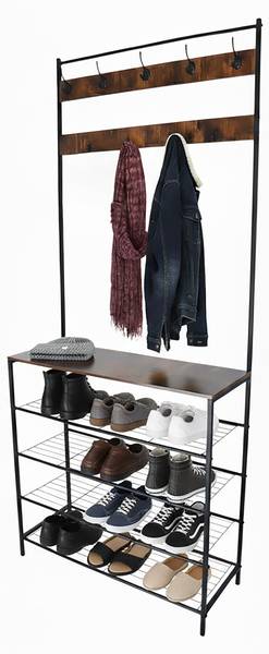Kapstok met schoenenrek 8 haken zwart - bruin - ijzer - 80 x 190 x 30 cm