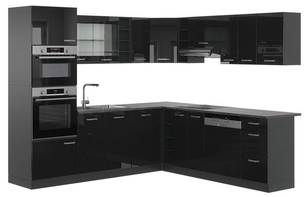 Eckküche R-Line 40970 14er Set Anthrazit - Hochglanz Schwarz