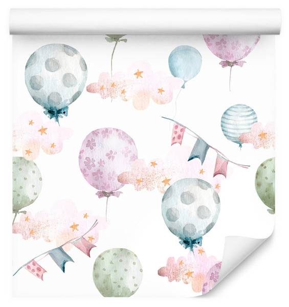 Tapete BALLONS Blumen Sterne Wolken Blau - Grün - Violett - Weiß - Fleece - 53 x 1000 x 1000 cm
