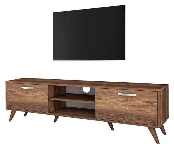 Meuble TV 2 portes rabattables 2 niches Imitation noyer