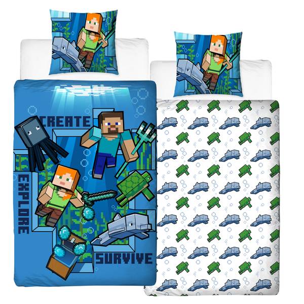 Bettwäsche Minecraft Blau - Weiß - Textil - 135 x 200 x 1 cm