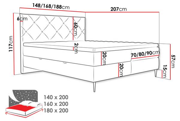 Boxspringbett Letra Schwarz - Grau - Durchmesser: 160 cm