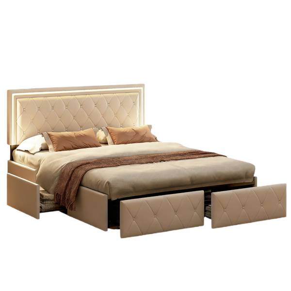 Doppelbett Polsterbett HDF09 Beige - Metall - Massivholz - 145 x 96 x 208 cm