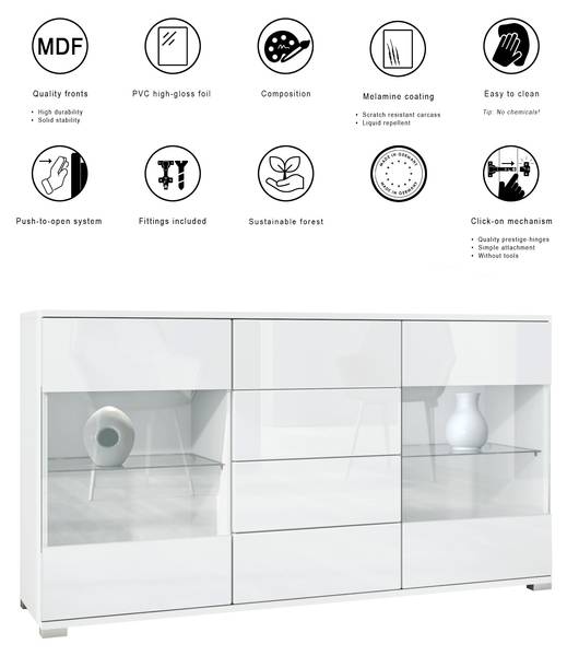 Buffet Bari V1 Imitation chêne brut de sciage - Blanc - Largeur : 139 cm