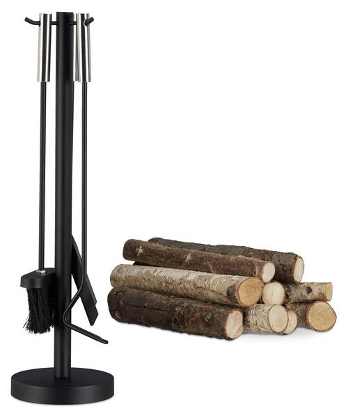 Kaminbesteck modern 4-teilig mit Ständer Schwarz - Silber - Stahl - 15 x 57 x 15 cm