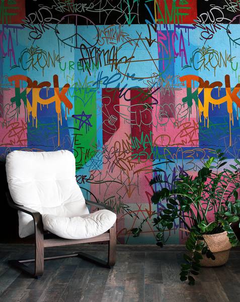 Graffiti Fototapete Bunt Blau - Grün - Pink - Gelb - Fleece - 159 x 280 x 1 cm