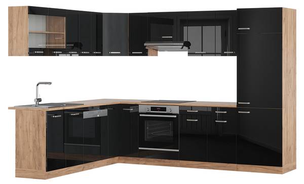 Eckküche R-Line 43019 12er Set Hochglanz Schwarz - Eiche Dekor