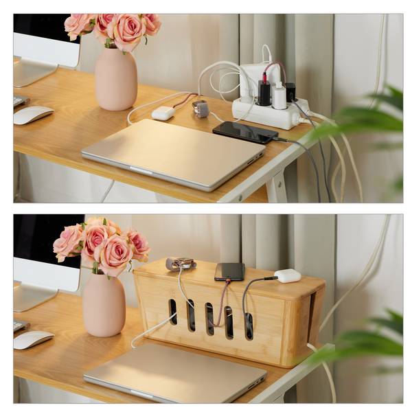Kabelbox aus Bambus Braun - Nylon - Polyester - 44 x 17 x 16 cm
