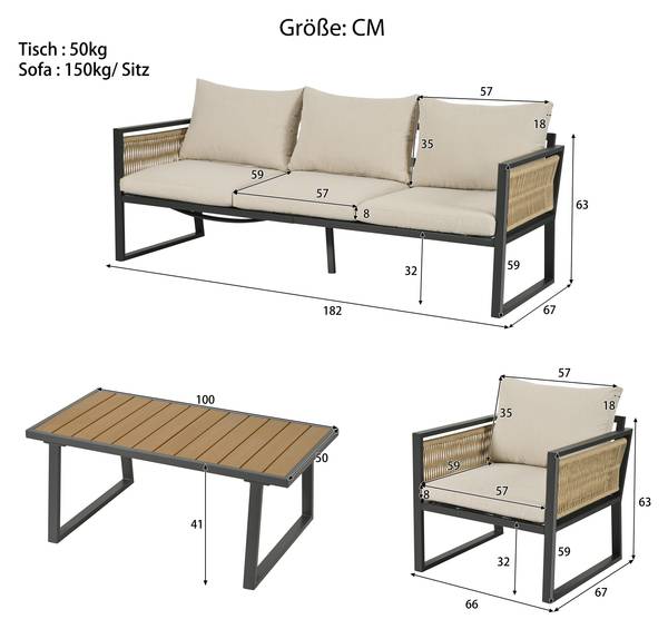 Lounge jardin 4-pce Rhea Ⅴ Beige - Noir - Polyester - Tissu - Acier - Bois composite - 67 x 63 x 182 cm