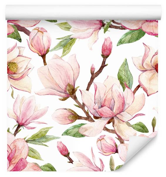 Tapete Blumen MAGNOLIEN Knospen Aquarell Braun - Grün - Pink - Weiß - Fleece - 53 x 1000 x 1000 cm