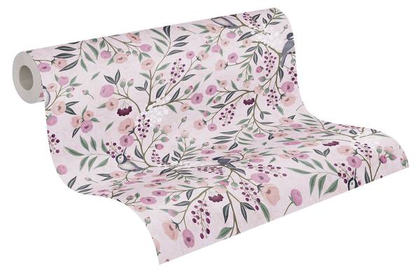 Vliestapete 4653 Blümchen Vögel Design Pink - Violett - Fleece - 53 x 1005 x 1 cm