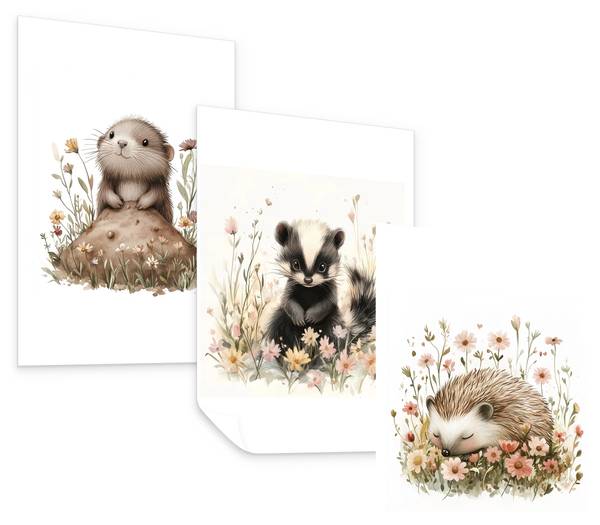 Poster Waldtiere mit Blumen 3er Set 21 x 30 x 30 cm