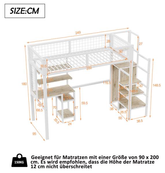 Hochbett Minerva V Weiß - Stahl - 95 x 180 x 249 cm
