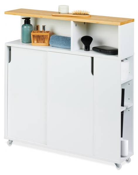 Badkamerkast smal met wielen bruin - wit - bamboe - plaatmateriaal op houtbasis - kunststof - 17 x 79 x 75 cm