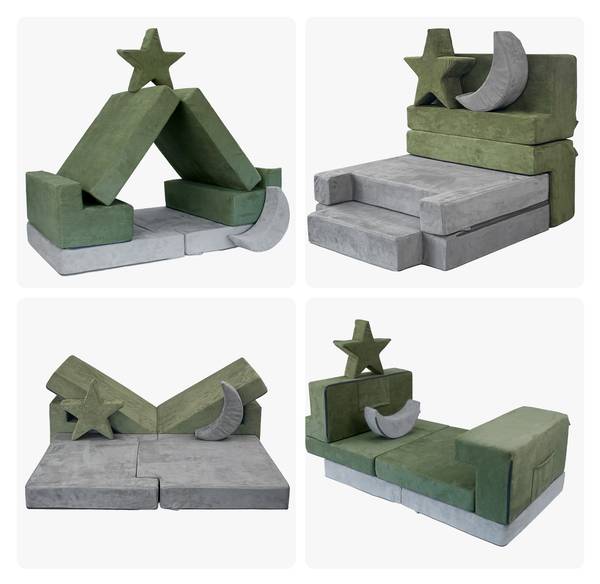 Canapé de jeu modulaire enfant, 10 pcs Gris - Vert - Polyester - 140 x 45 x 65 cm