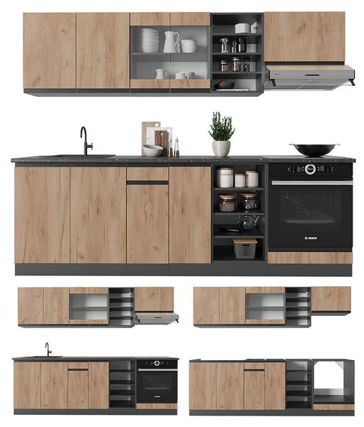 Küchenzeile R-Line 43221 Braun - Grau - Holzwerkstoff - 240 x 207 x 60 cm