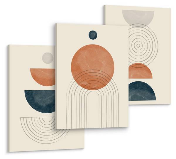 Leinwandbilder KREISE Boho 3-er Set Beige - Schwarz - Blau - Braun - Orange - Türkis - Leinen - 90 x 40 x 40 cm