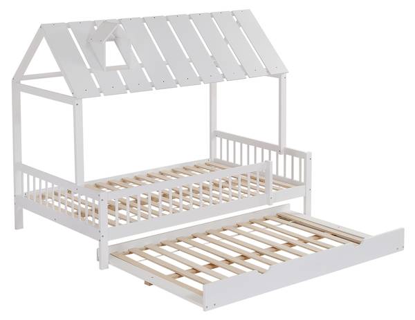 Hausbett mit Rollbett-O2913 Weiß - Massivholz - 169 x 169 x 205 cm