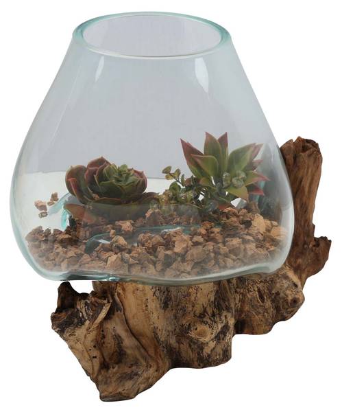Glasvase A21 Braun - Teakholz - Klarglas - 25 x 30 x 20 cm