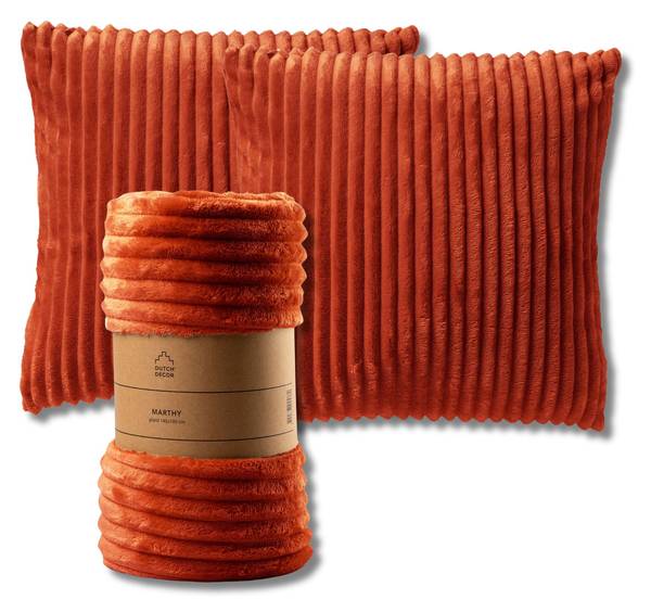 Wohndecke und Kissen Mart Marthy 3er Set Orangerot