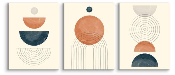 Leinwandbilder KREISE Boho 3-er Set Beige - Schwarz - Blau - Braun - Orange - Türkis - Leinen - 90 x 40 x 40 cm