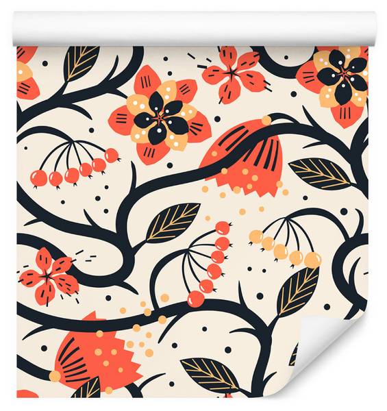 Tapete BLUMEN Blätter Früchte Pflanzen Beige - Schwarz - Orange - Fleece - 53 x 1000 x 1000 cm
