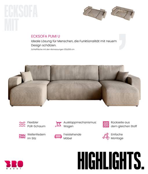 Wohnlandschaft mit Schlaffunktion PUMI Beige